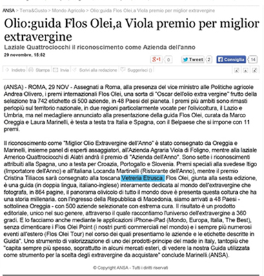 ANSA.IT - Guida Flos Olei 2015 - Premio Speciale a Vetreria Etrusca